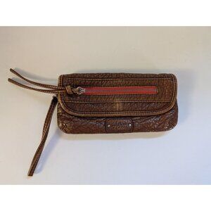 Aero Brown Faux Leather Small Wristlet Wallet Clutch With Red Lining & Zipper Cl